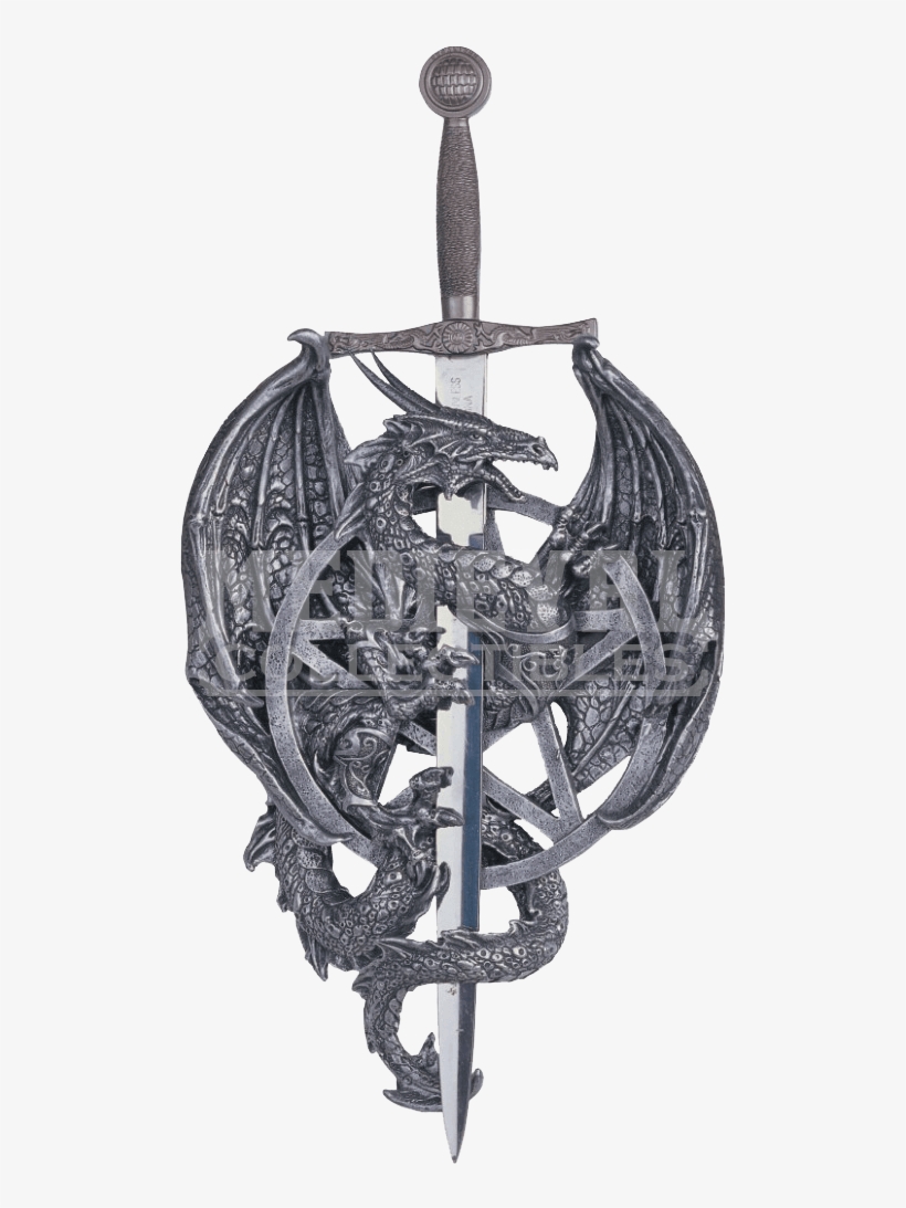 Silver Dragon With Sword Wall Plaque - Dragon Collection With Sword Collectible Fantasy Decoration, transparent png download
