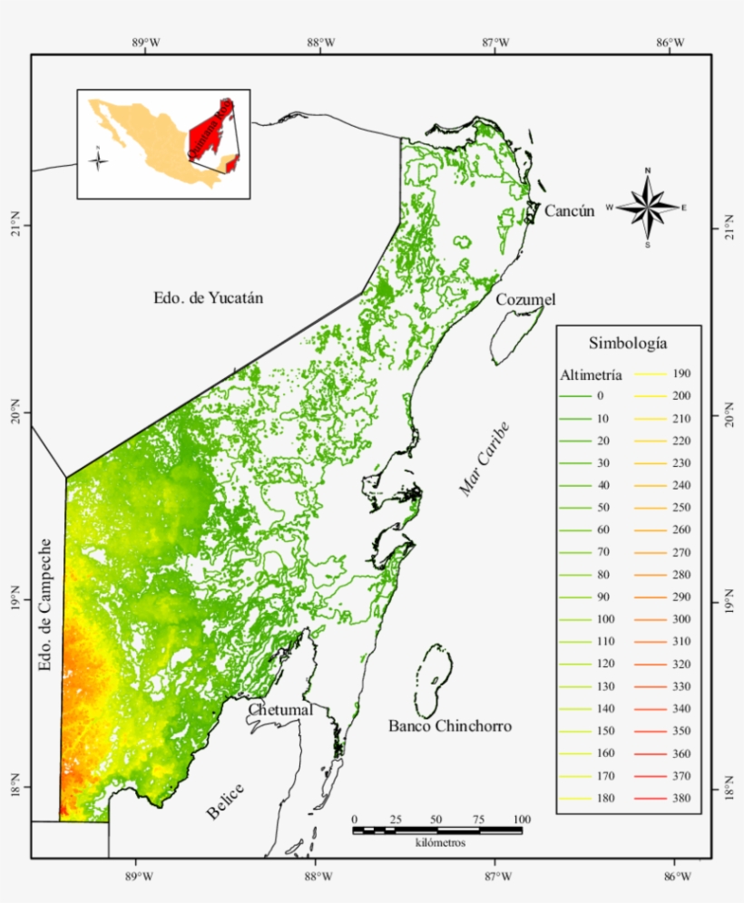 Pisos Altimétricos Y Curvas De Nivel Obtenidos Para - Relieve De Quintana Roo, transparent png download