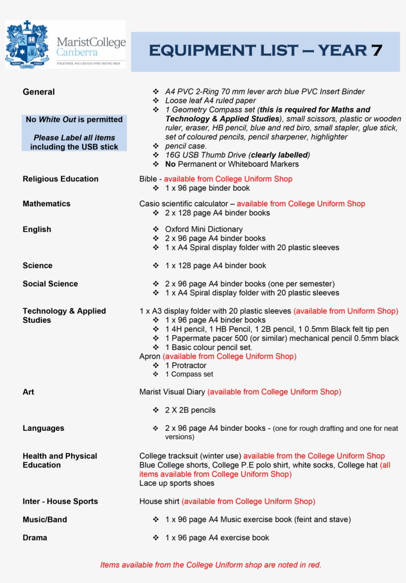 Click Here To View The Equipment List For Students - Equipment List For Year 7, transparent png download