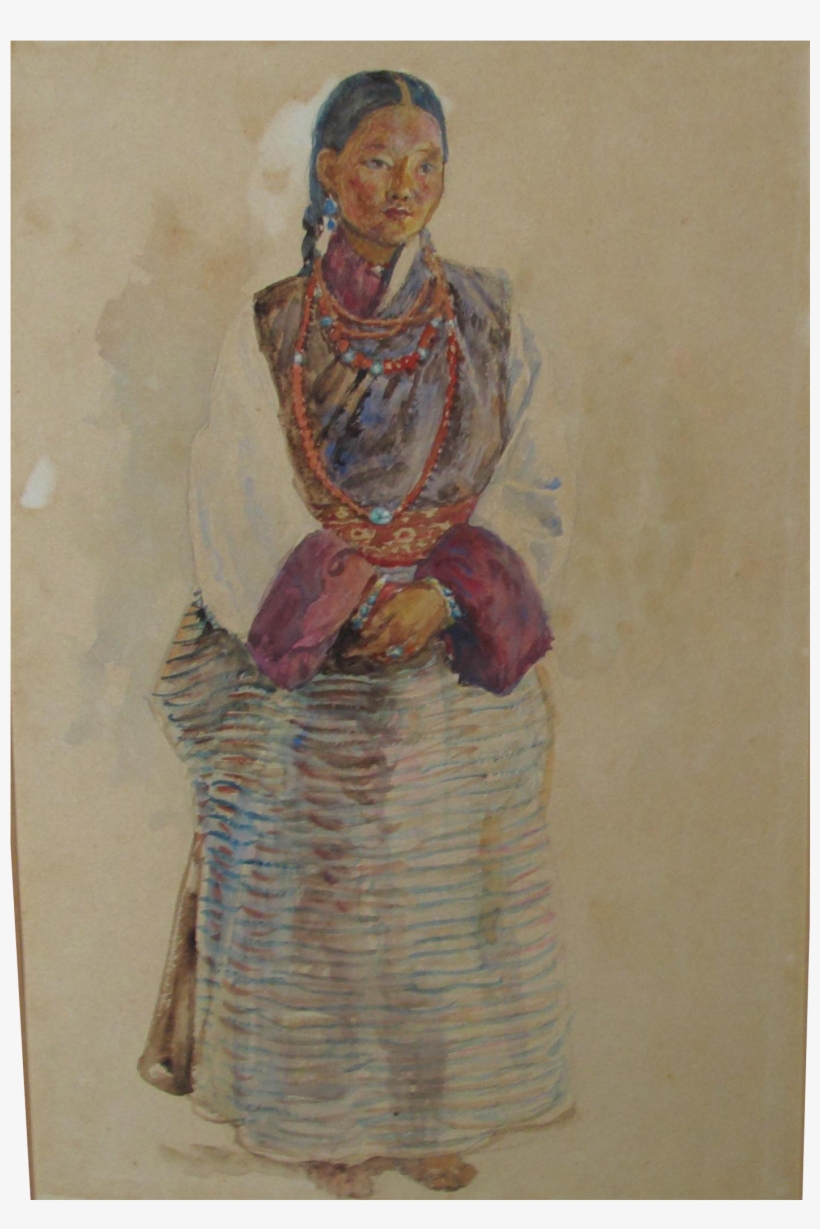 Antique Watercolor Of A Lady In Tibetan Costume By - Pottery, transparent png download