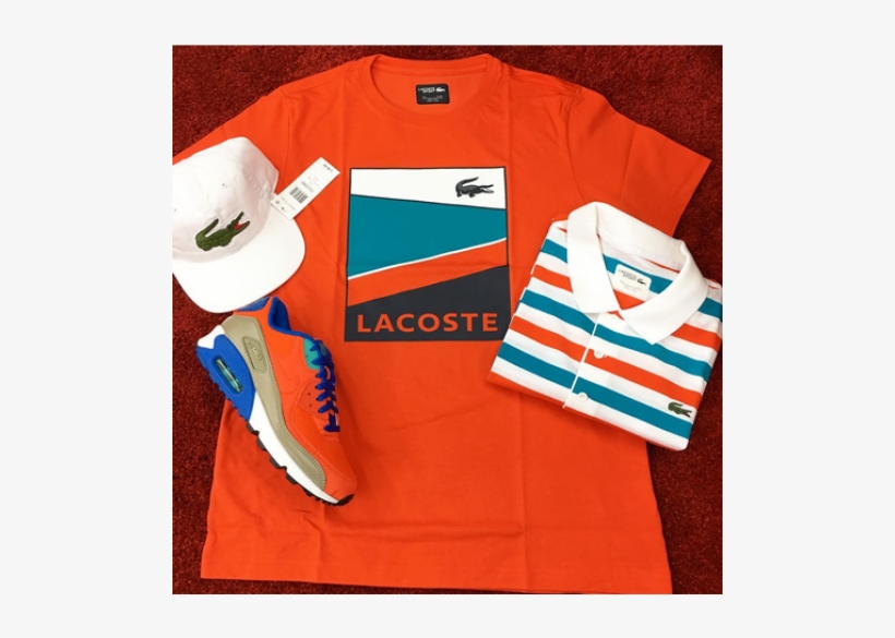 Men's Sport Colorblock Print Jersey Tennis T-shirt - Lacoste Sport Camiseta Print White/etna Red/oceanie/navy,, transparent png download