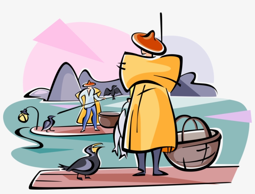 Vector Illustration Of Chinese Fishermen Fish With - Cartoon, transparent png download