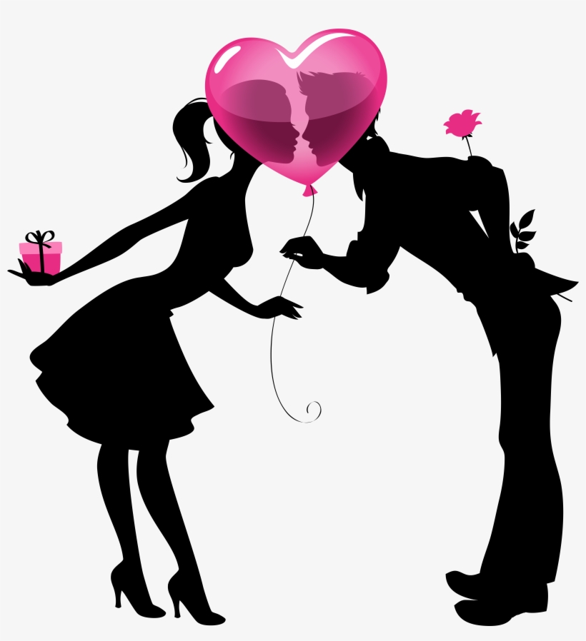 Valentine Couple Silhouettes With Heart Balloon Png, transparent png download