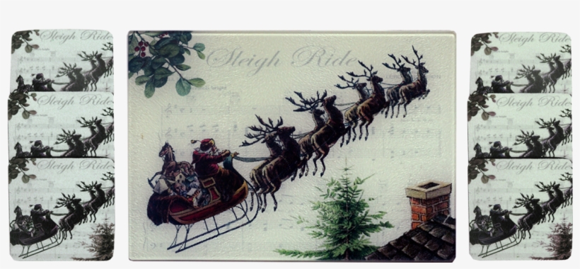 Santa & Sleigh Bells Cheese Tray/cutting Board & Coaster - Vintage Christmas Santa Claus Note Cards, transparent png download