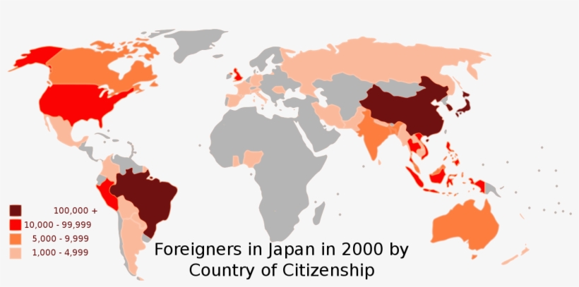 Foreigners In Japan In 2000 By Citizenship - Unlabeled World Map, transparent png download