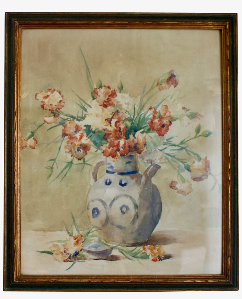 Antique French Watercolor, Flowers In Asian Vase, Framed - Watercolor Painting, transparent png download