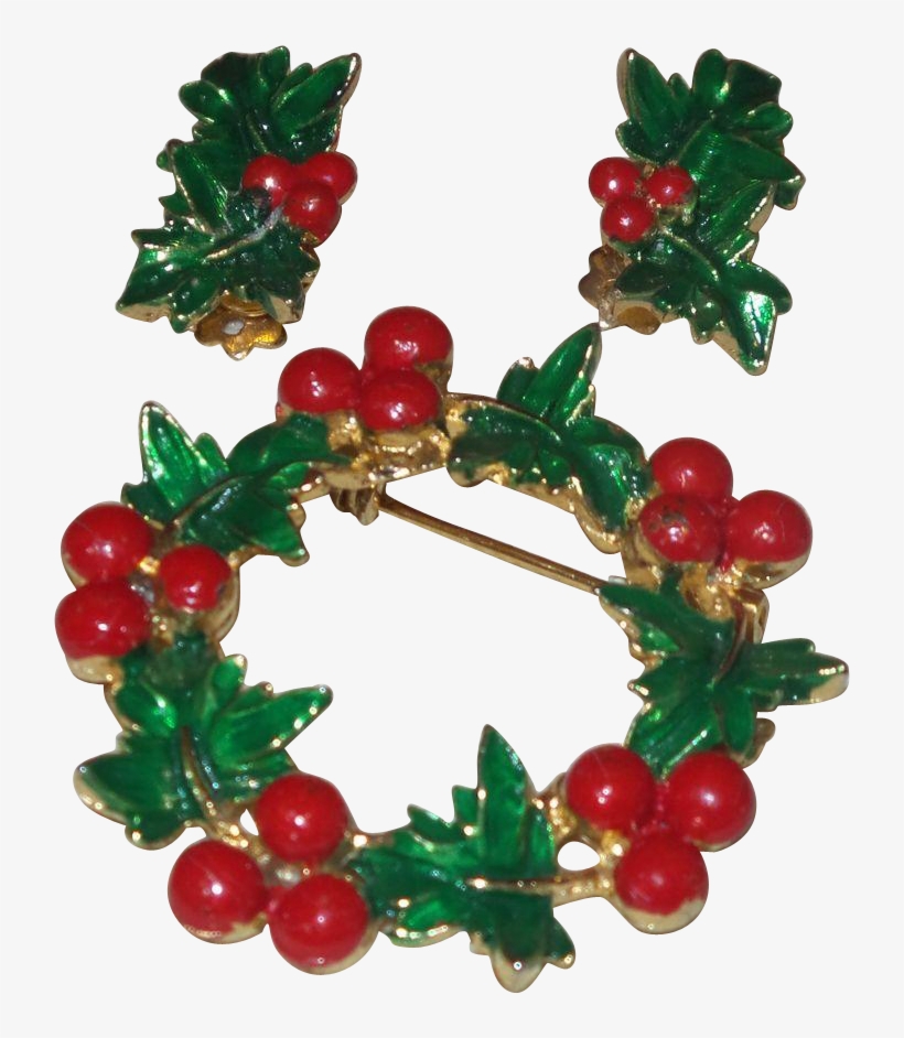 Vintage Holly Berry Wreath Brooch And Clip Earrings - Brooch, transparent png download