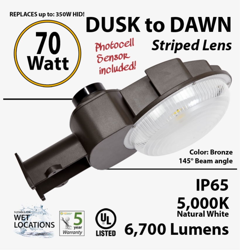 70w Led Dusk To Dawn Light 6700 Lumens 5000k Natural - Ul Listed, transparent png download