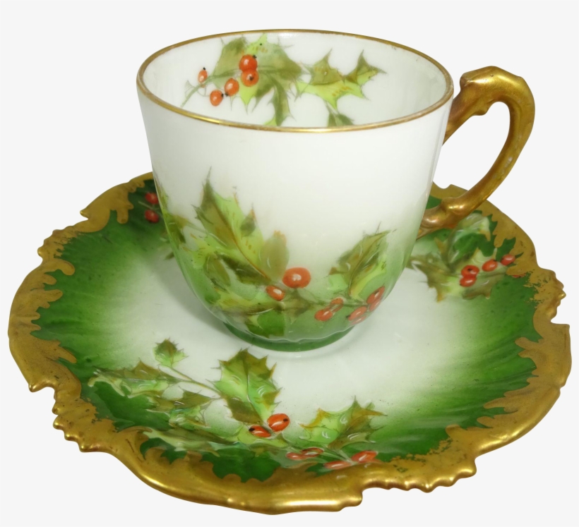 Antique Limoges France Cup Saucer Christmas Holly Berries - Teacup, transparent png download