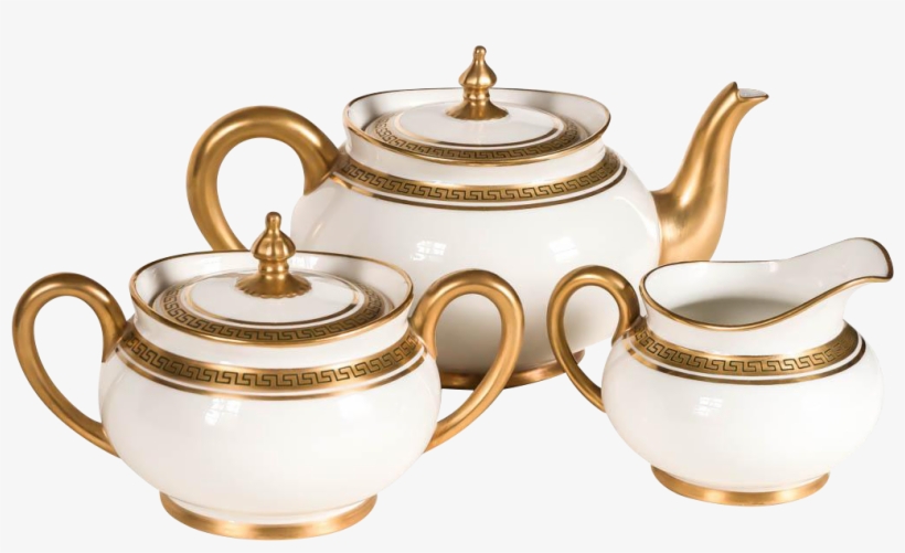 Limoges Tea Set, White & Gold, Greek Key Pattern, France - Teapot, transparent png download