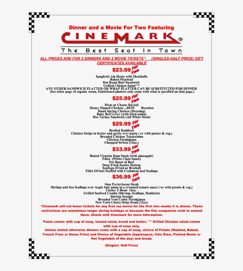 2 Dinners At Terry's And 2 Cinemark Tickets $23 - 喜 滿 客, transparent png download