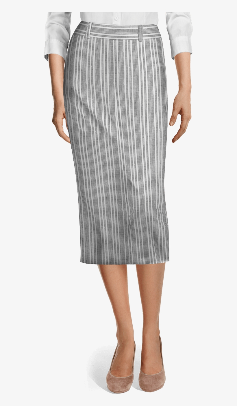Grey Midi Striped Linen Pencil Skirt With Back Vent - Grey Pencil Skirt Short, transparent png download