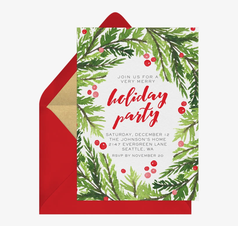 Watercolor Evergreen Sprigs Invitation In Red - Christmas Ornament, transparent png download