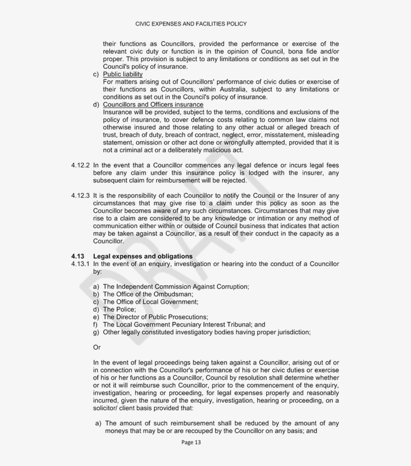 Draft Civic Expenses And Faciltities Policy For Council - Document, transparent png download