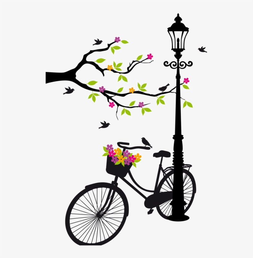 Silhouette Art, Bicycling, Bicycle Art, Bicycle Drawing, - Cafepress Old Bicycle With Lamp, Flower Basket, Birds,, transparent png download