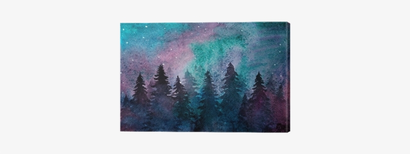 Watercolor Spruce Forest On The Starry Sky Background - Watercolor Northern Lights Background, transparent png download