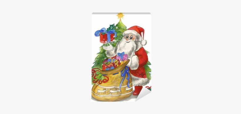 Santa Claus With Sac And Decorated Tree, Watercolor - Christmas Tree, transparent png download