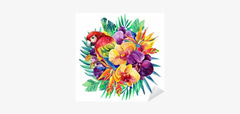 Watercolor Exotic Flowers And Ara Parrot Sticker • - Watercolor Jungle Flower, transparent png download