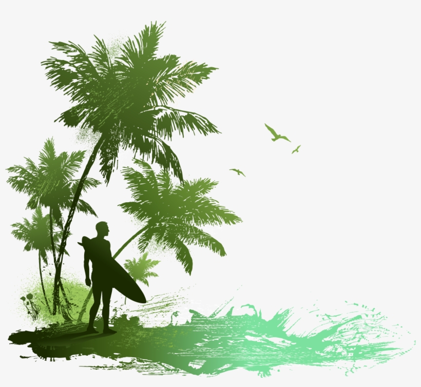 Drawing Beach Seaside - Tropical Surfer Shower Curtain, transparent png download
