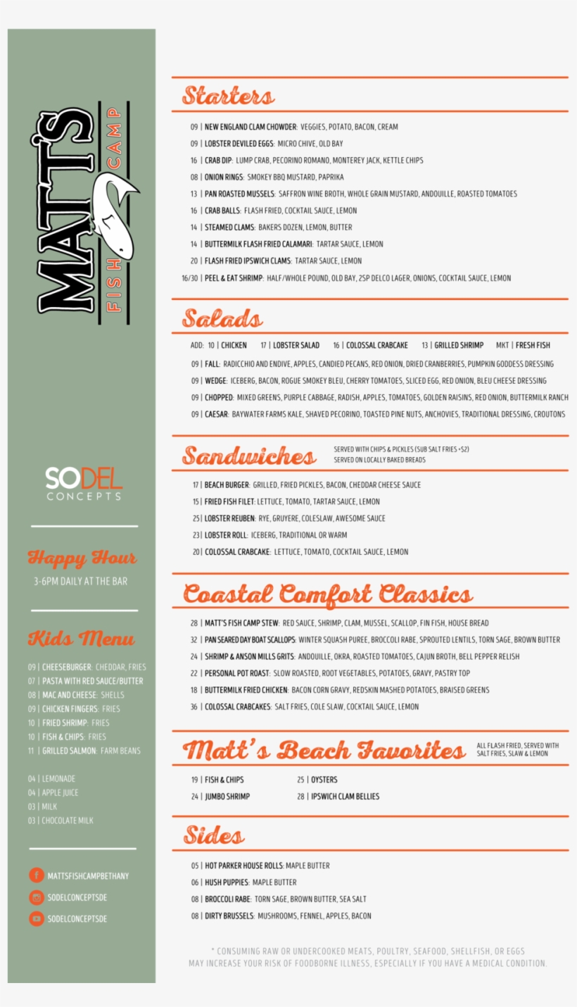 Matts Fish Camp Bethany Dinner Menu Fall 2018 01 - Menu, transparent png download