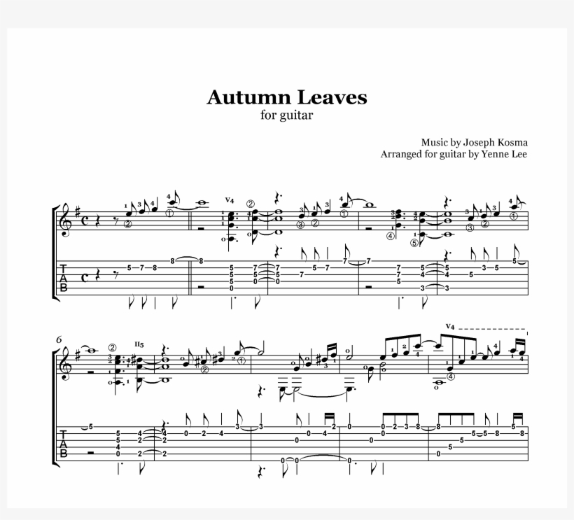 [staff Tab] Autumn Leaves Joseph Kosma - Autumn Leaves Guitar Tab Yenne Lee, transparent png download