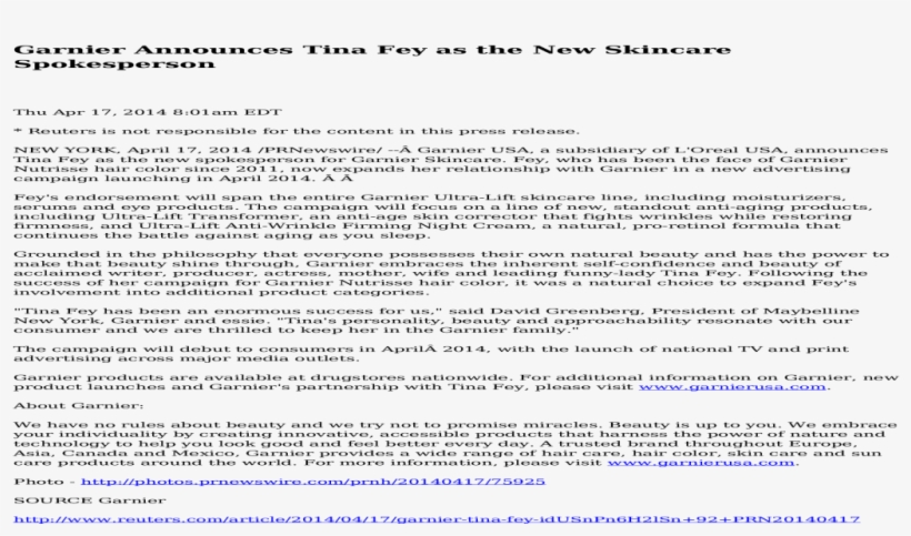 Garnier Announces Tina Fey As The New Skincare Spokesperson - Report Sample For Project, transparent png download