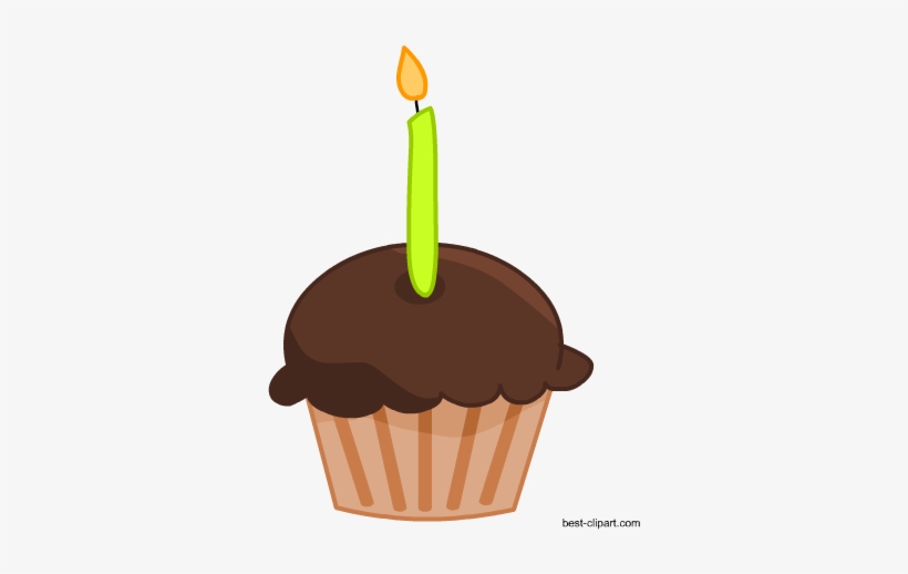Chocolate Cupcake With Green Candle, Free Clip Art - Cupcake With Candle Clipart, transparent png download