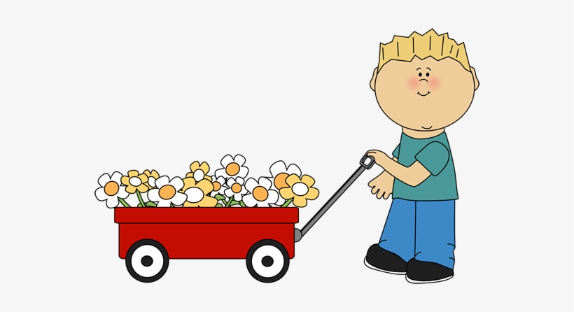 Boy With Flower Filled Wagon - Boy With Flowers Clipart, transparent png download