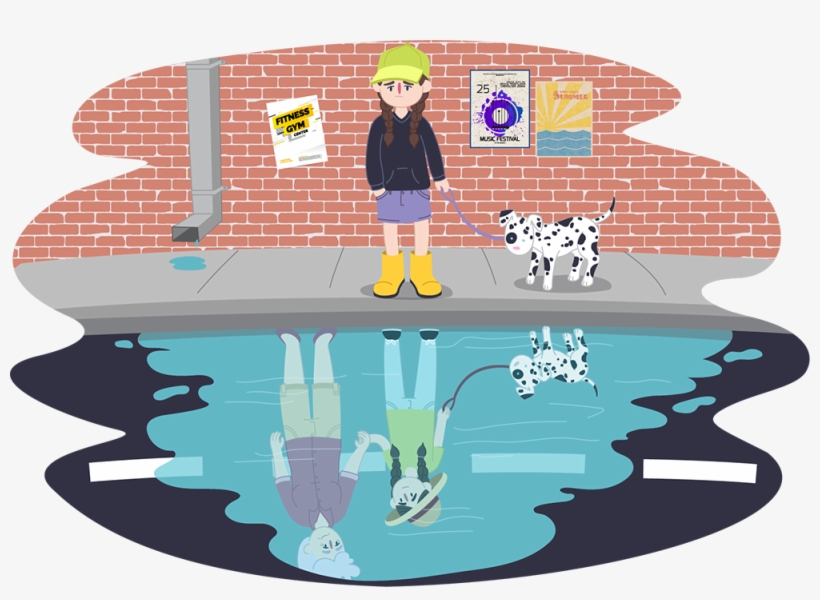 Child And Dog Looking In Puddle At Reflection Of Someone - Illustration, transparent png download