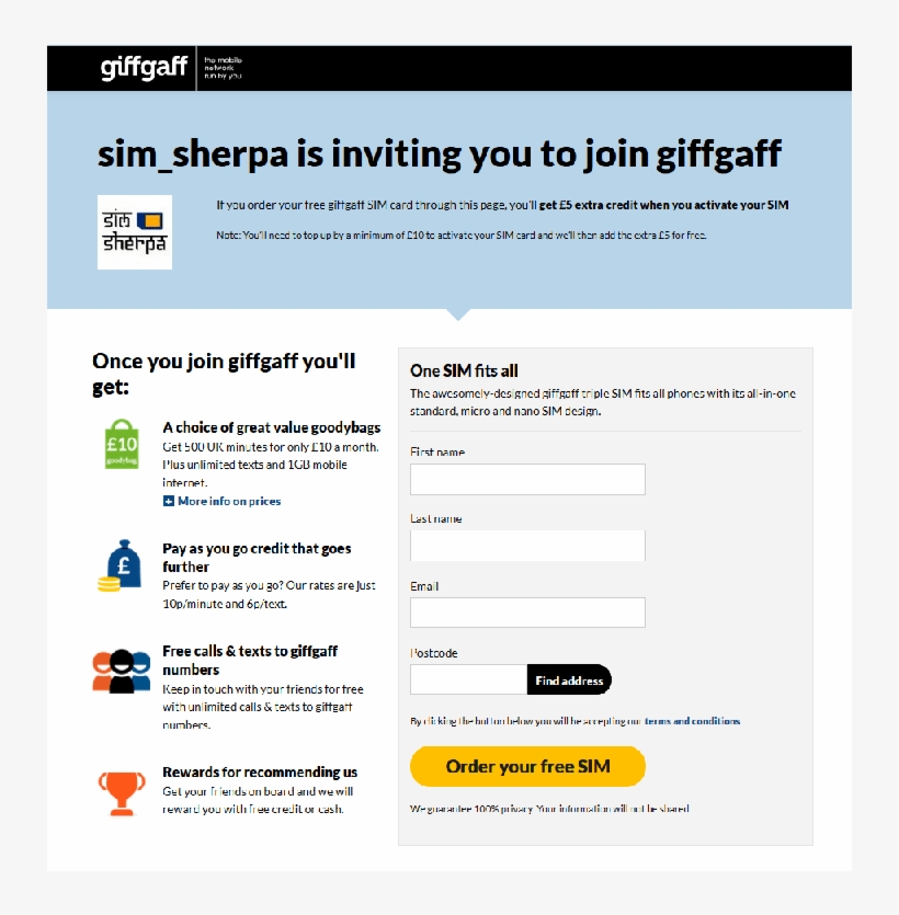 Sim Sherpa Giffgaff Invite Page - Giffgaff, transparent png download