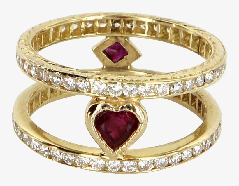 Diamond Ruby Heart Sz 6 Double Band Ring Vintage 14 - Diamond, transparent png download