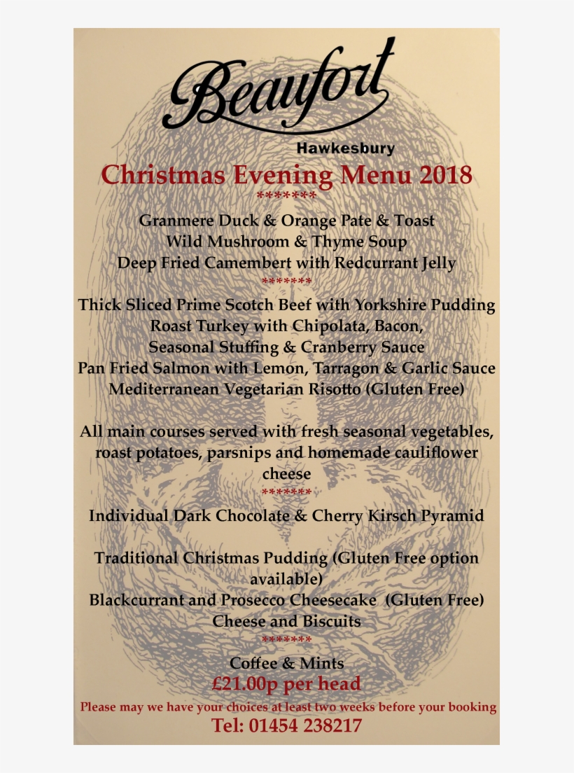 Beaufort Arms Christmas 2018 Evening Menu - Christmas Day, transparent png download