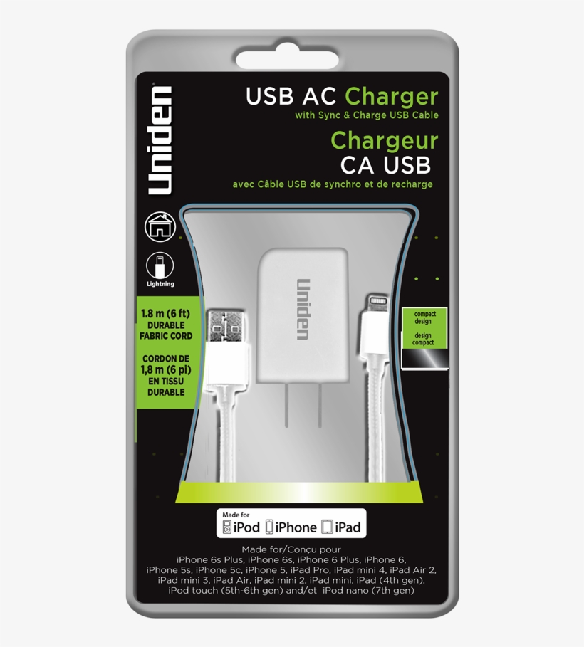 Uniden Ac Charger With Apple Lightning 6ft - Uniden, transparent png download