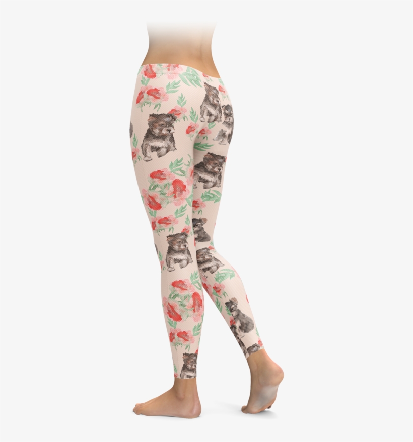 Floral Yorkie Puppies Leggings, transparent png download