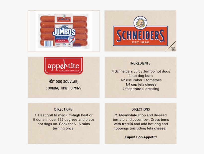 Peel Off Recipes3 - Schneiders Juicy Jumbo 100% Beef Wieners 375g, transparent png download