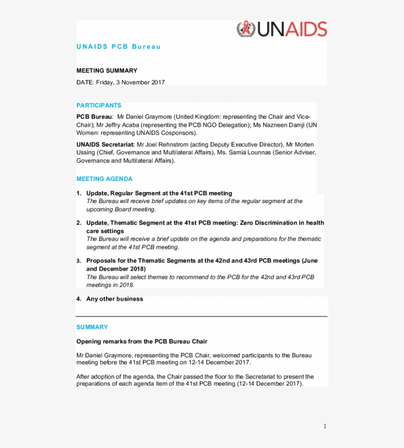 Unaids Pcb Bureau 3 November - Joint United Nations Programme On Hiv/aids, transparent png download