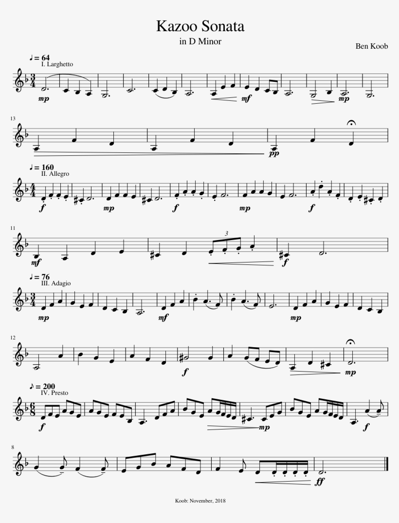 Kazoo Sonata In D Minor Sheet Music For Synthesizer - Kazoo, transparent png download