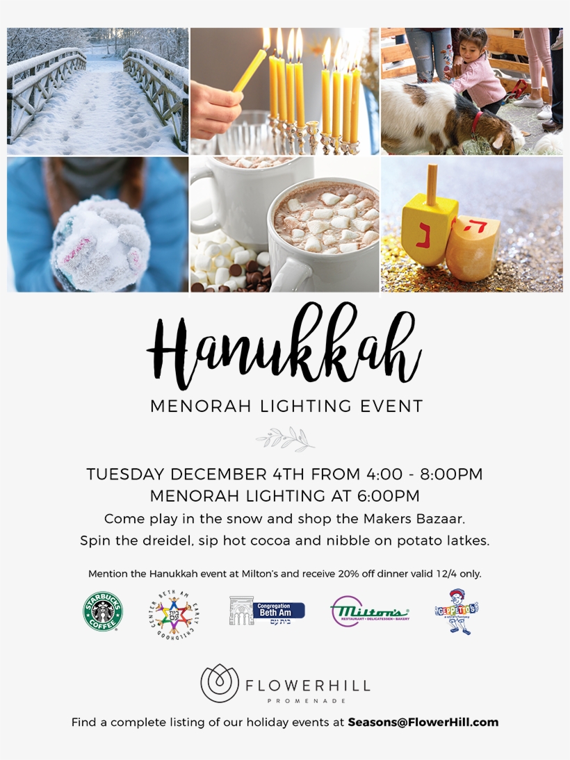 Dec 4 Hanukkah Menorah Lighting 2018 Flower Hill Promenade - Menorah, transparent png download