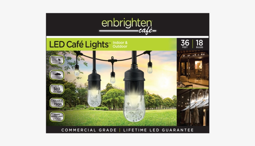 Enbrighten Classic Cafe Lights - Jasco 18-bulb 36 Ft. Black Integrated Led Cafe String, transparent png download