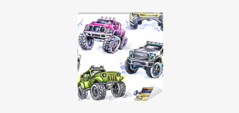 Watercolor Seamless Pattern Cartoon Monster Trucks - Monster Truck Watercolor, transparent png download