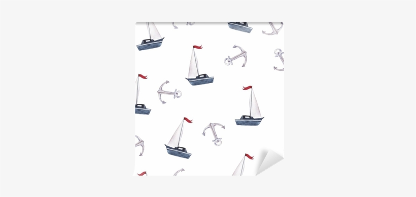 Seamless Pattern With Small Boat And Anchors On White - Watercolor Painting, transparent png download