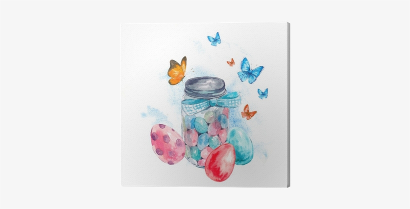 Watercolor Glass Jar With Candy, Butterfly And Eggs - Watercolor Painting, transparent png download