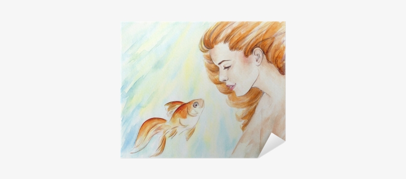 Beautiful Girl With Red Hair And Goldfish In Water - Canvas Print, transparent png download