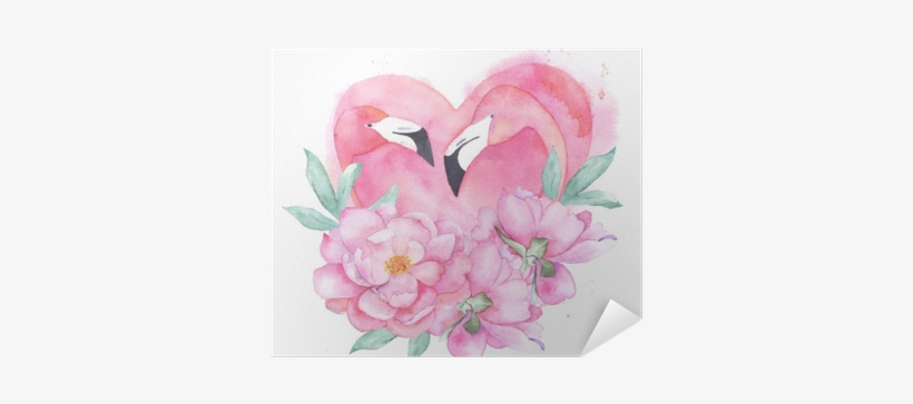 Watercolor Pink Flamingo Couple With Bouquet Peony - Watercolor Painting, transparent png download