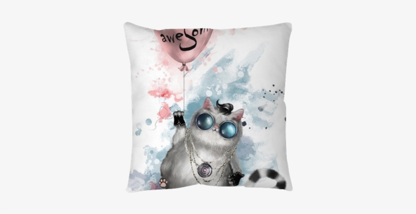 Illustration Of A Cute Cat In Rocker Style, With Round - Watercolor Painting, transparent png download