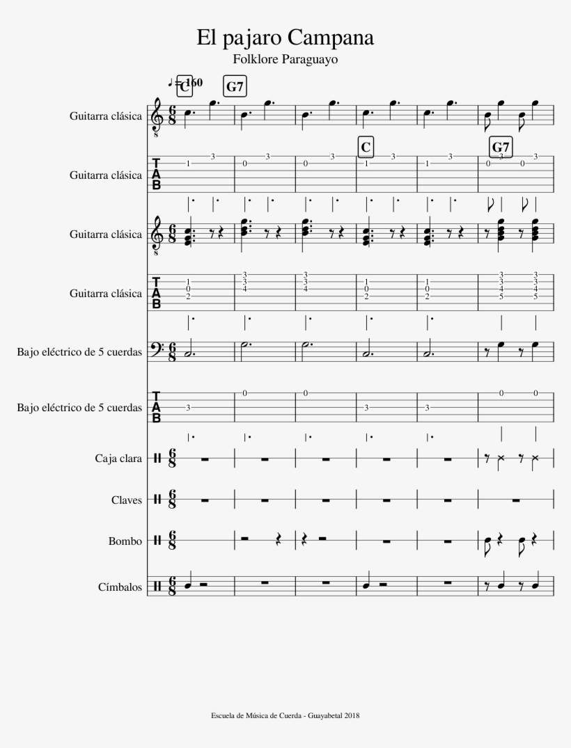 El Pajaro Campana Sheet Music For Guitar, Bass, Percussion - Music, transparent png download
