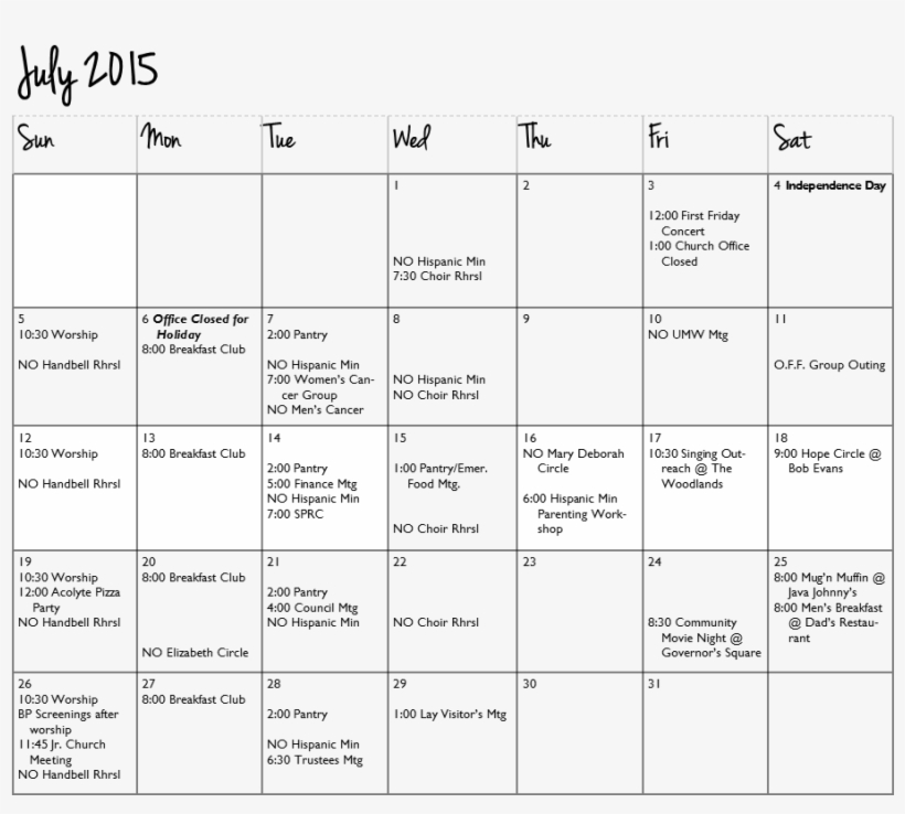 July2015 Calendar - Calendar, transparent png download