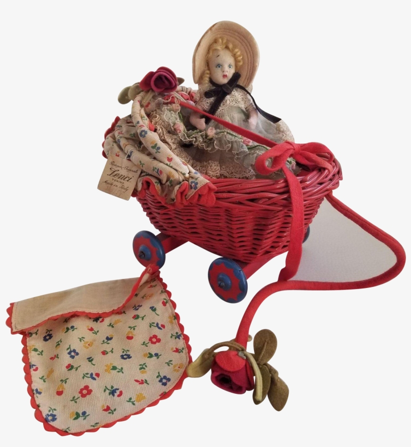 Vintage Lenci Miniature Felt Doll In Wicker Carriage - The Doll, transparent png download
