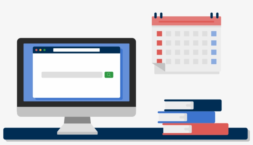 Desktop Computer Next To A Stack Of Books And Calendar - Book, transparent png download