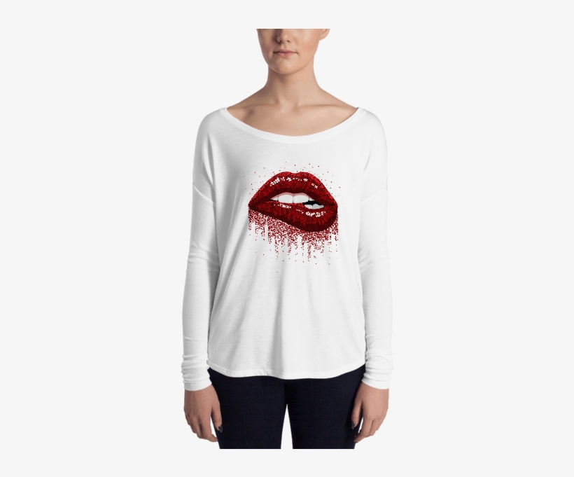 Ladies' Red Sparkles Lips Long Sleeve Tee, transparent png download